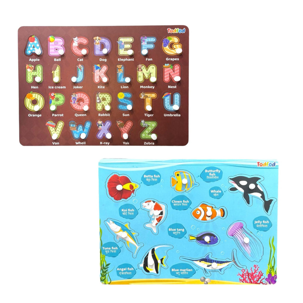 ABCD Fish Characters Wooden Knob & Pegged Puzzle for Kids