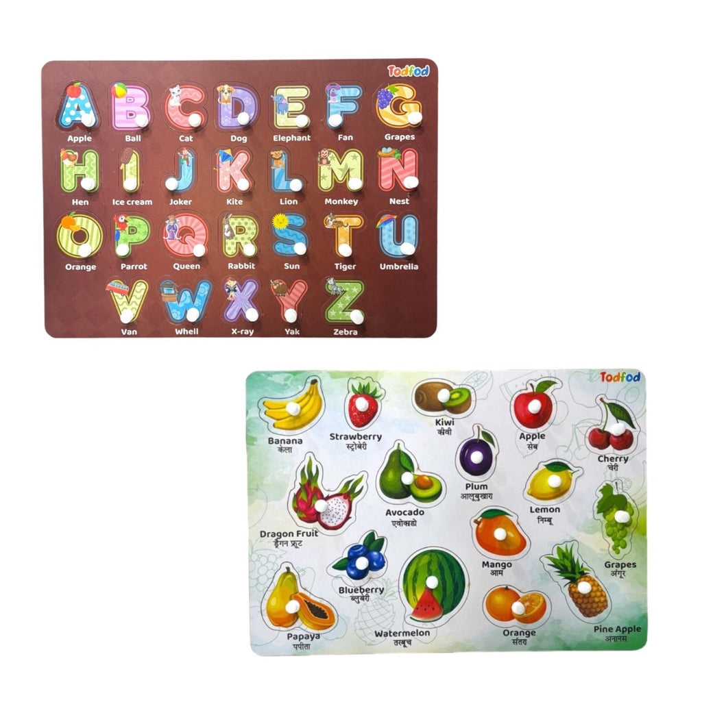 ABCD Fruit Characters Wooden Knob & Pegged Puzzle for Kids