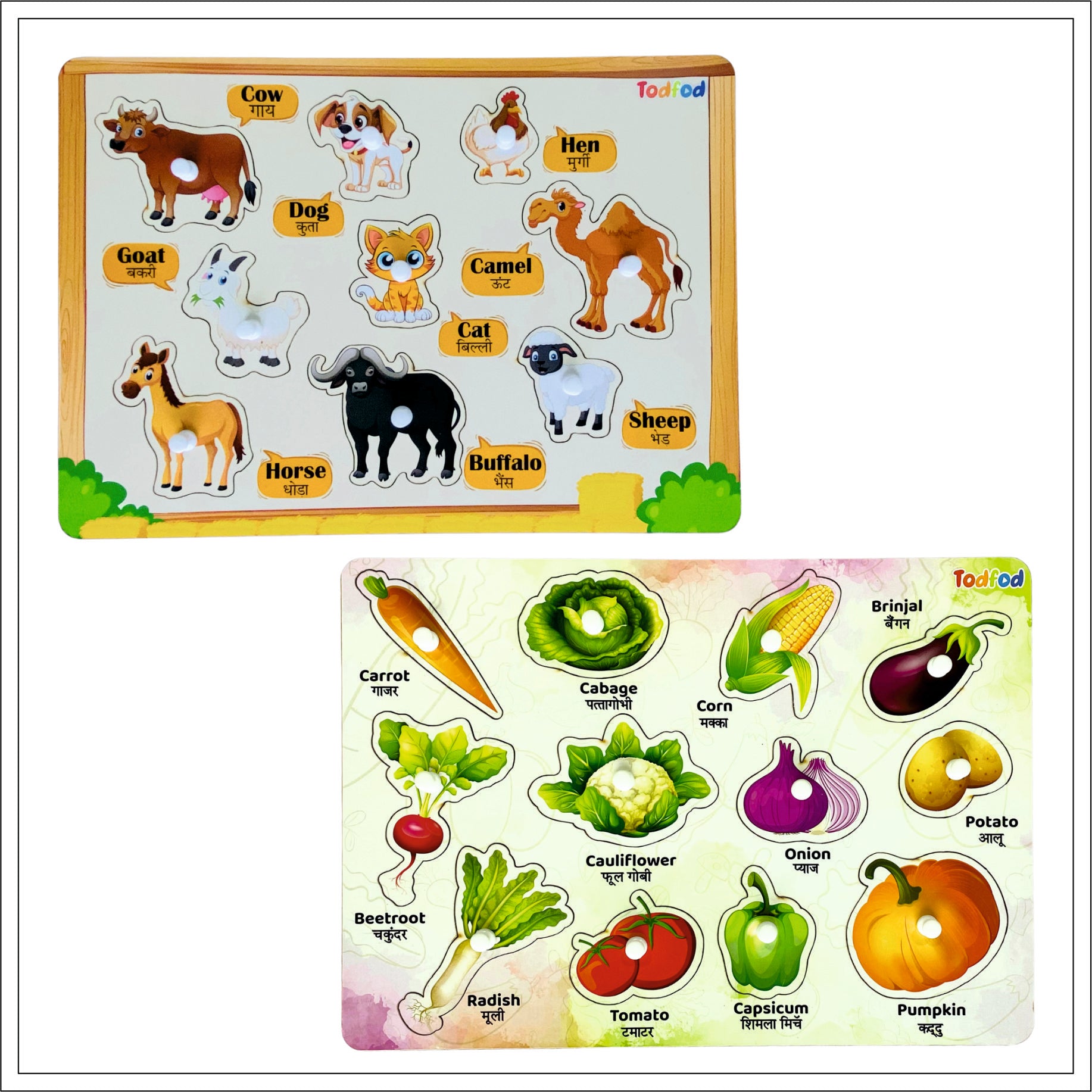 Pet Animals & Vegetables Wooden Knob & Pegged Puzzle for Kids