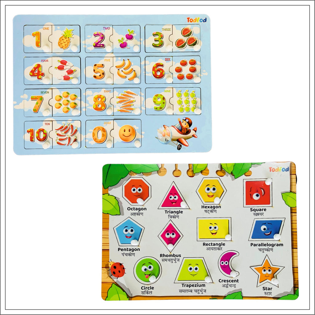 English Numbers & Shapes Wooden Knob & Pegged Puzzle