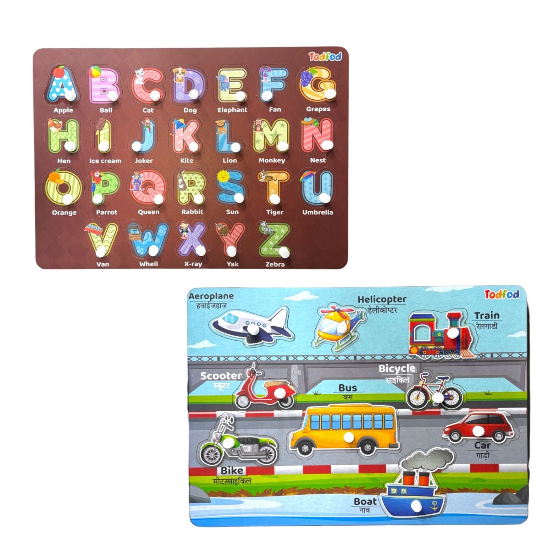 ABCD & Vehicle Characters Knob & Pegged Puzzle for Kids