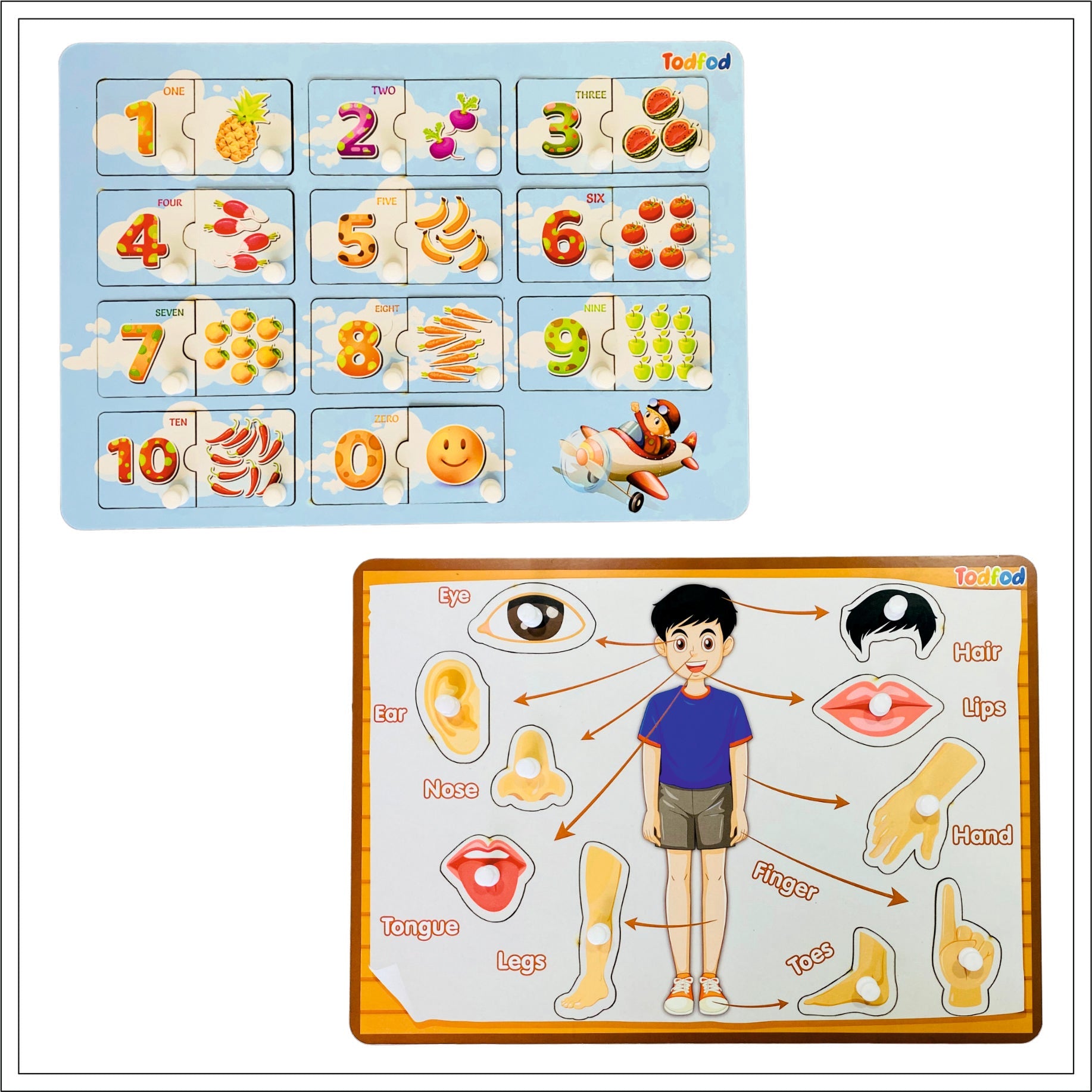 English Numbers & Body Parts Wooden Knob & Pegged Puzzle for Kids