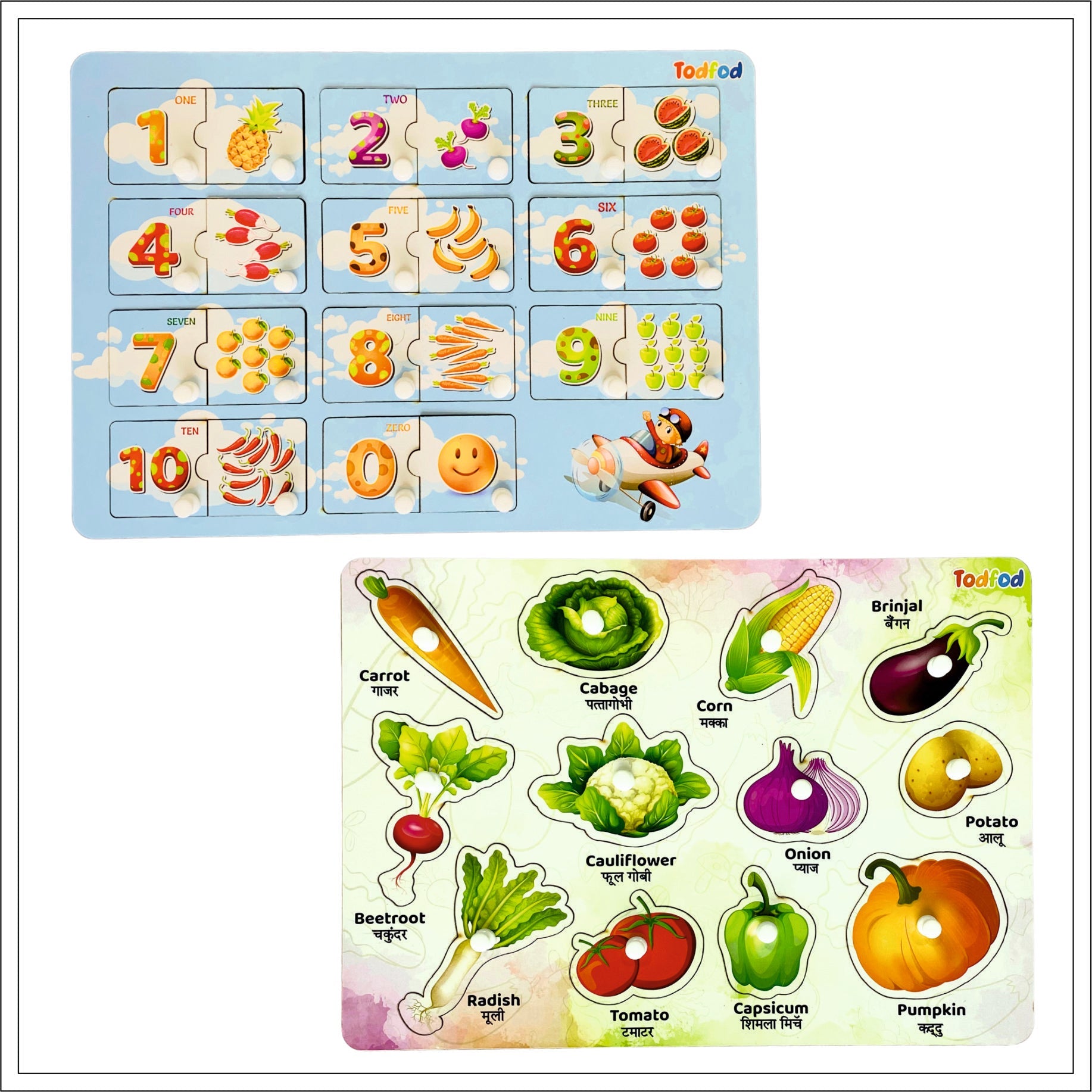 English Numbers & Vegetables Wooden Knob & Pegged Puzzle