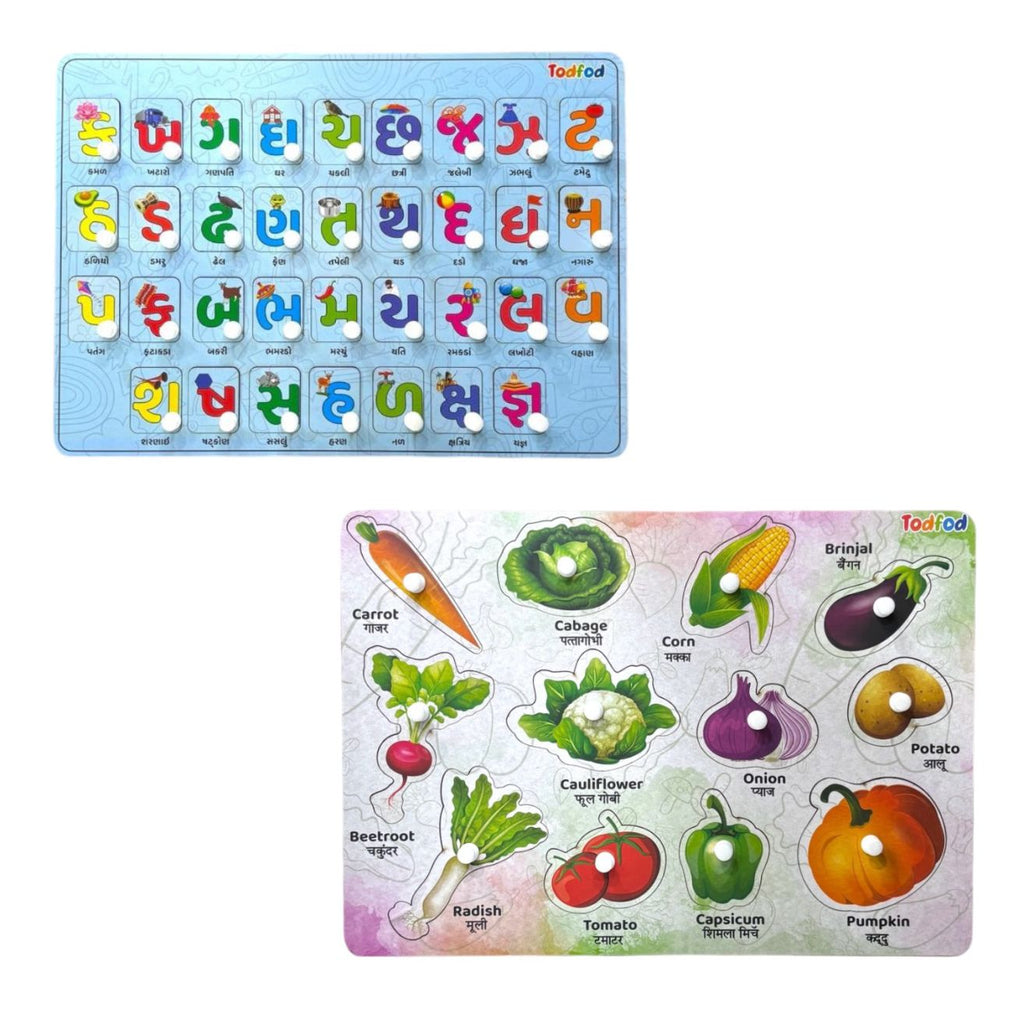 Gujarati Kakko and Vegetable Wooden Knob & Pegged Puzzle for Kids