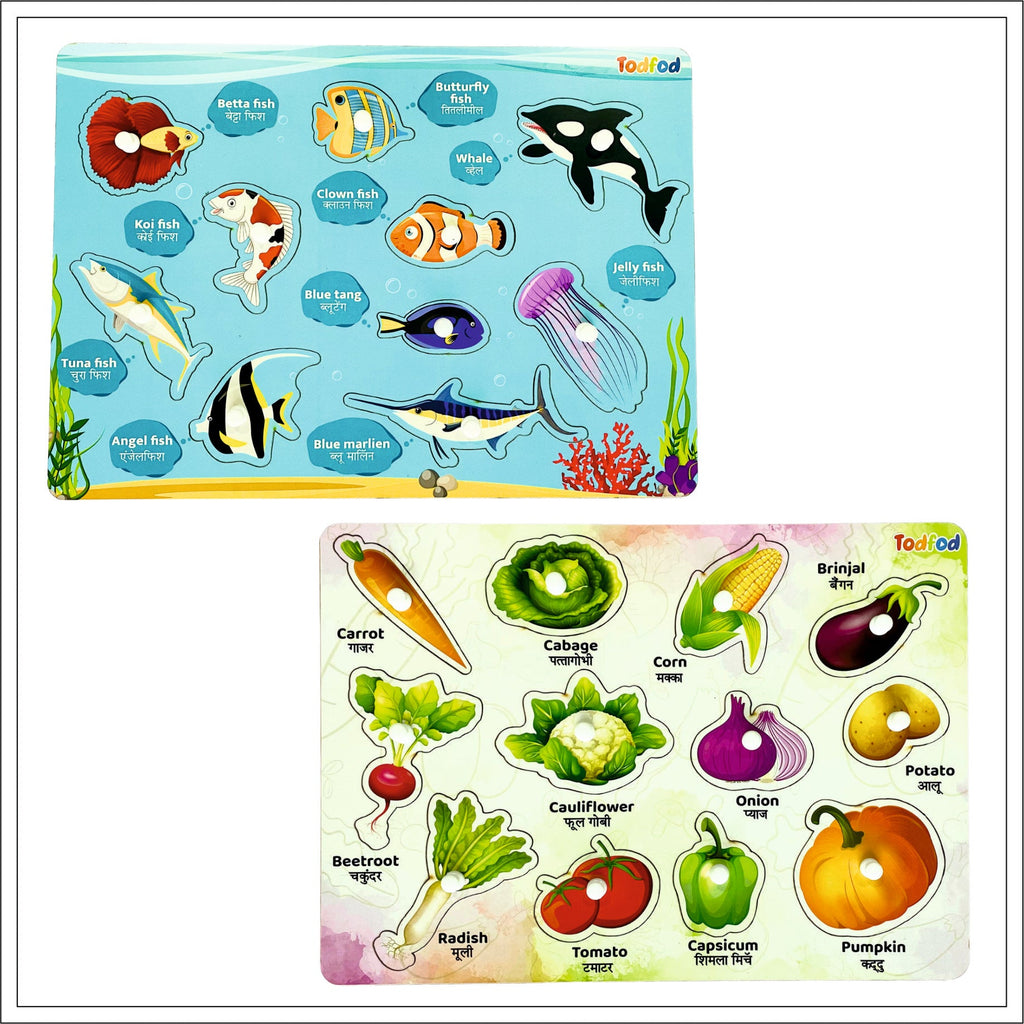 Fish and Vegetable Wooden Knob & Pegged Puzzle for Kids