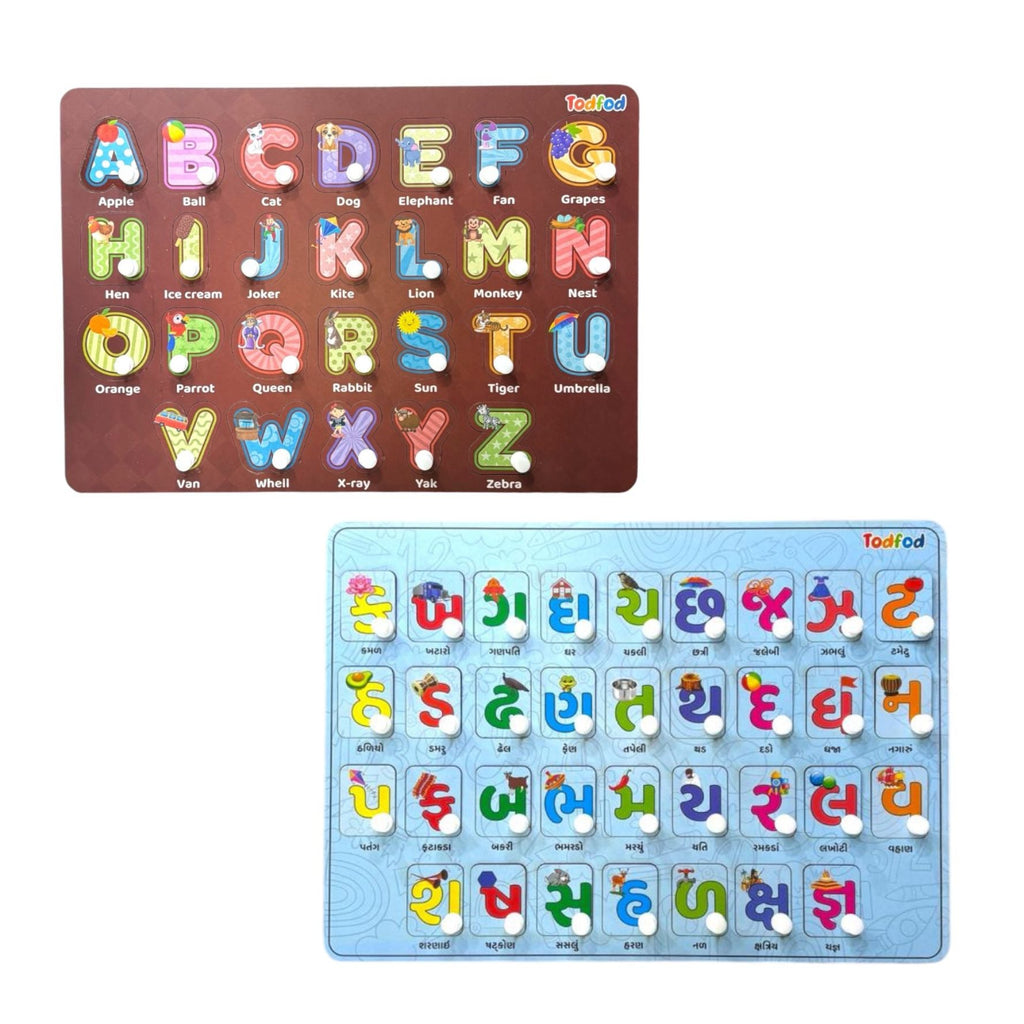 ABCD 4-in-1 Gujarati Kakko Wooden Knob & Pegged Puzzle for Kids