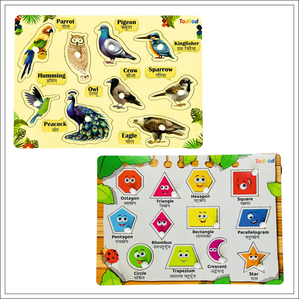 Birds & Shapes Characters Knob & Pegged Puzzle for Kids
