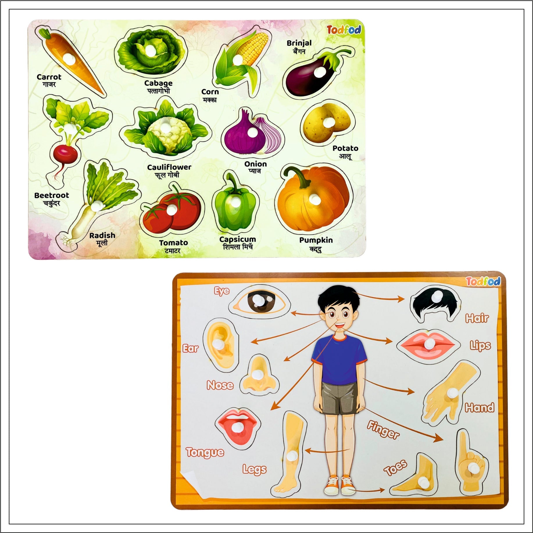 Vegetable & Body Parts Characters Knob & Pegged Puzzle for Kids