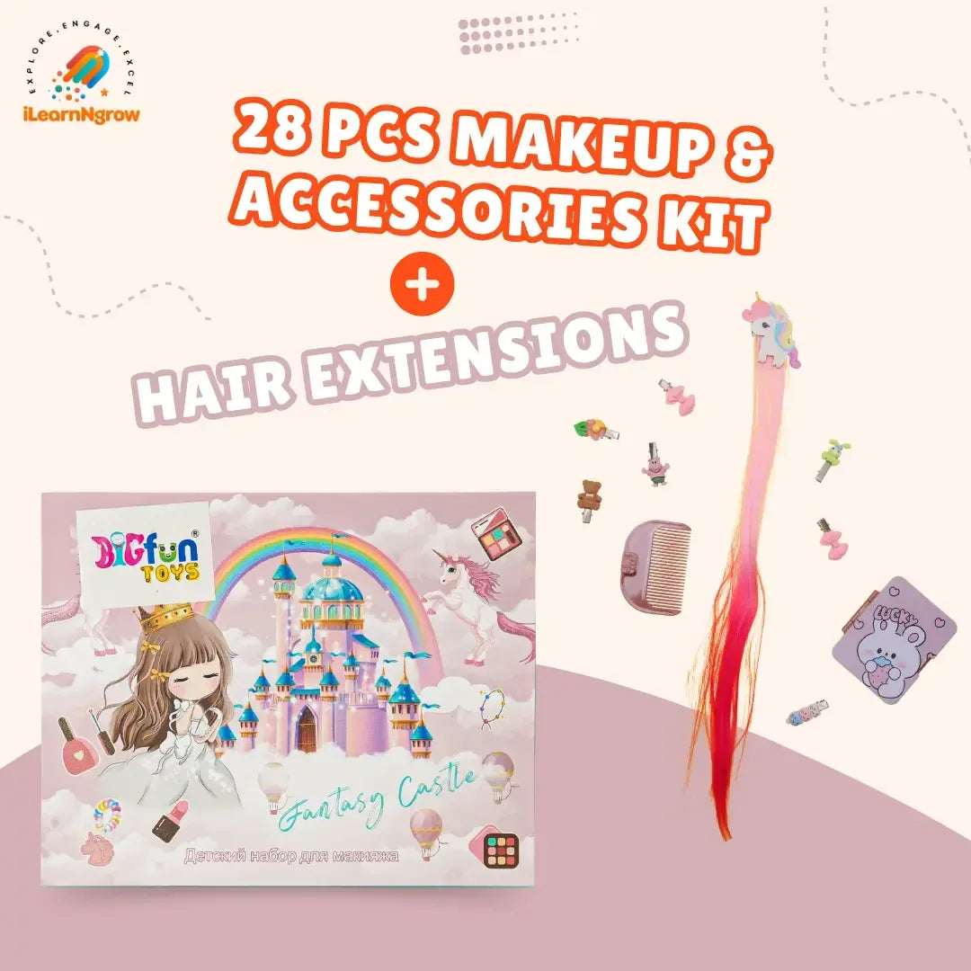 28 Pcs Kids Makeup & Accessories Kit with Hair Extensions – Pretend Play Beauty Set