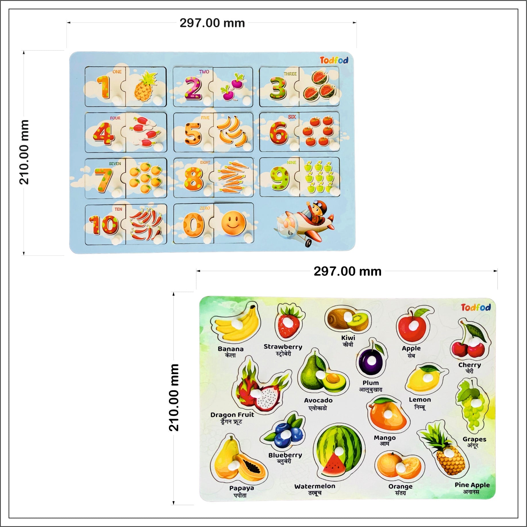 English Numbers & Fruit Characters Knob & Pegged Puzzle for Kids