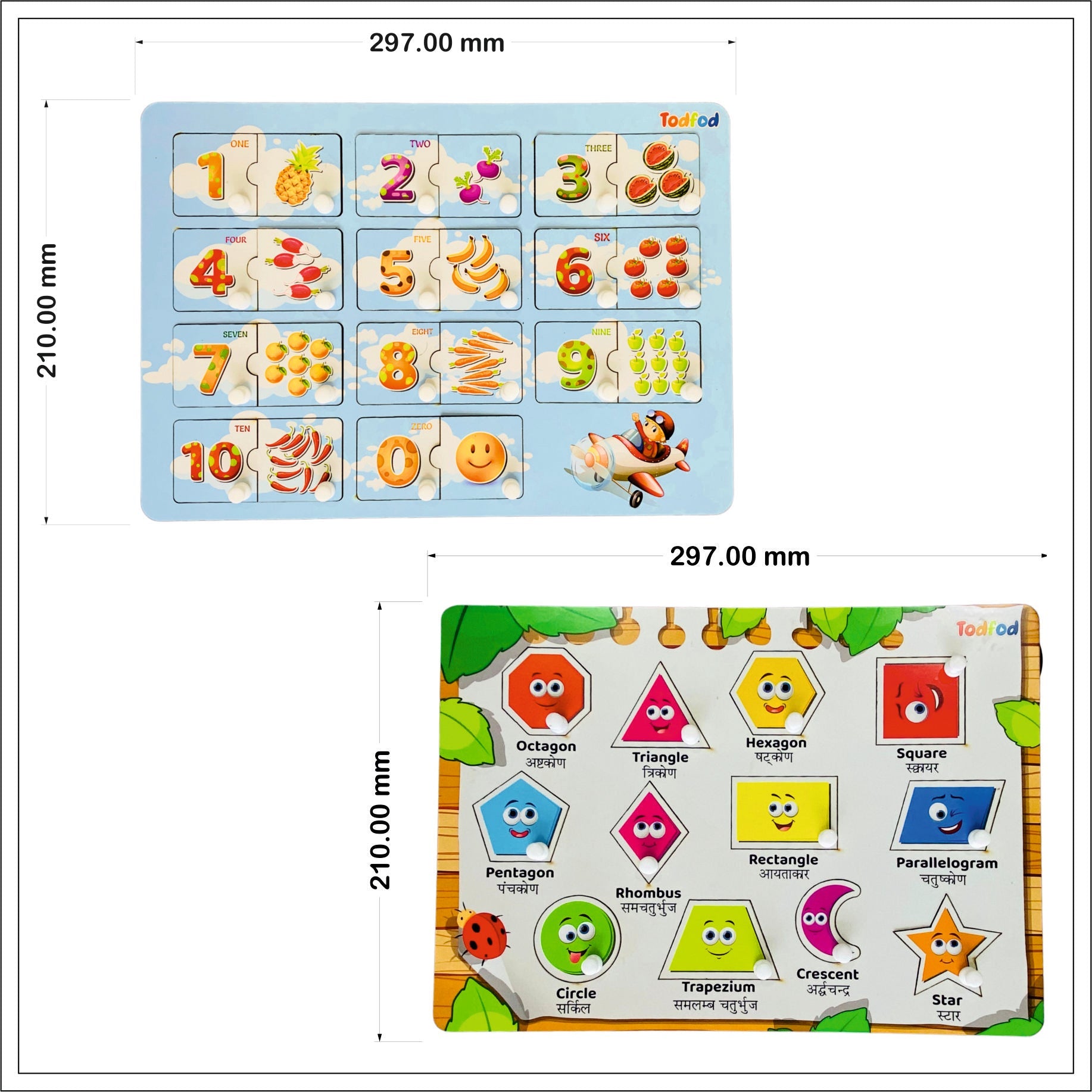 English Numbers & Shapes Wooden Knob & Pegged Puzzle