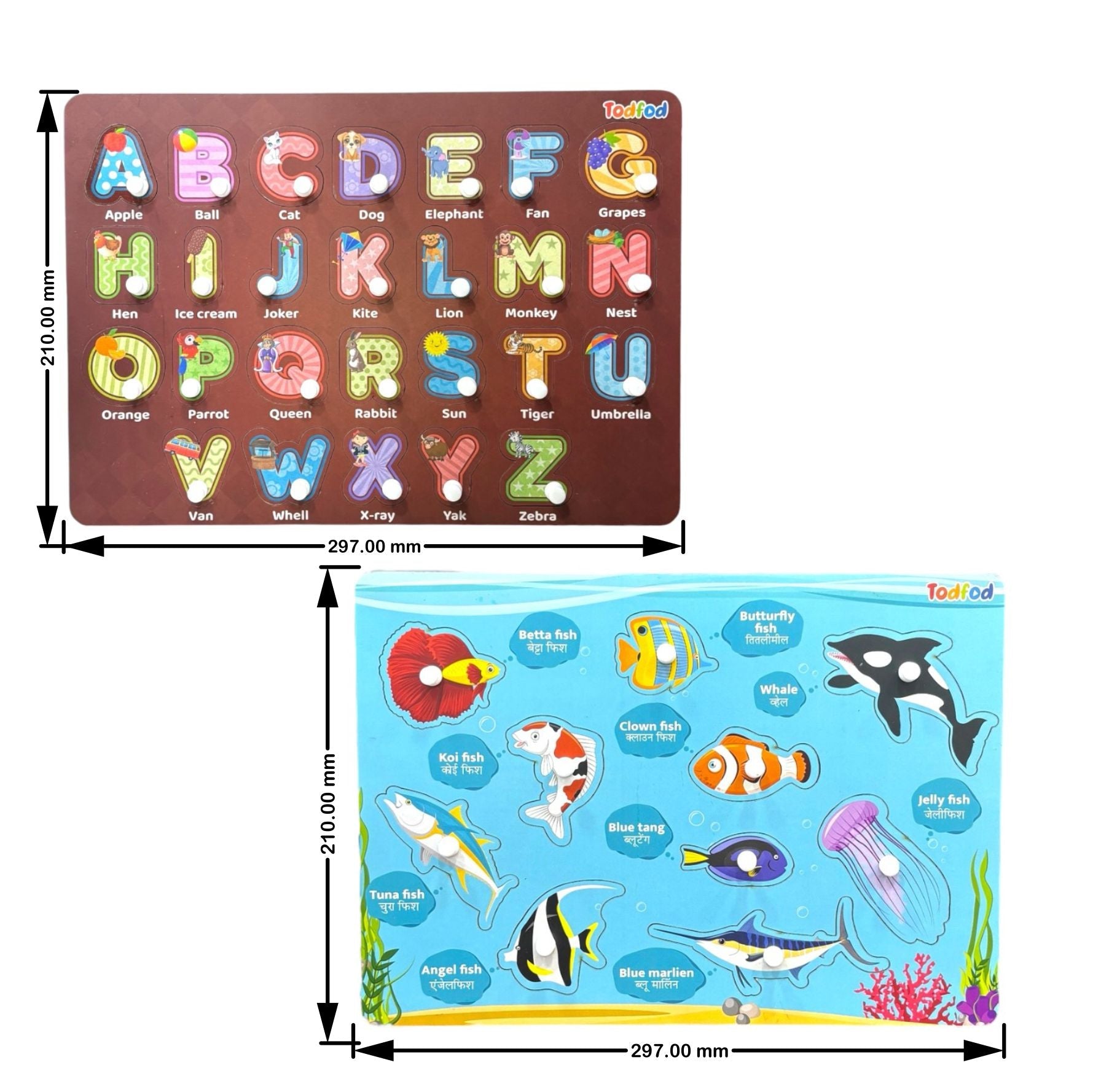 ABCD Fish Characters Wooden Knob & Pegged Puzzle for Kids