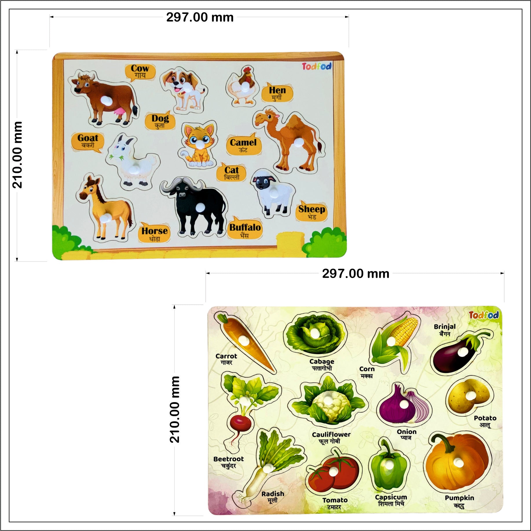 Pet Animals & Vegetables Wooden Knob & Pegged Puzzle for Kids