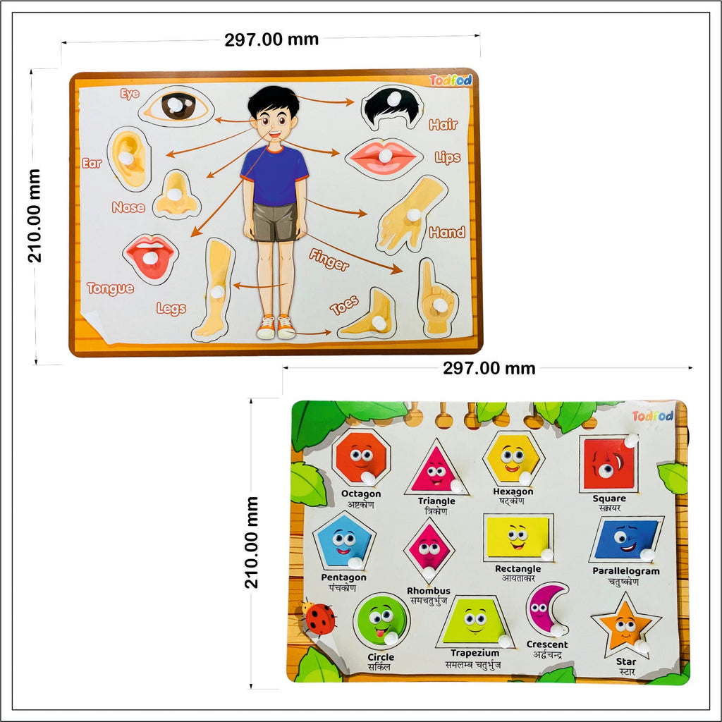 Body Parts & Shapes Characters Wooden Knob & Pegged Puzzle for Kids
