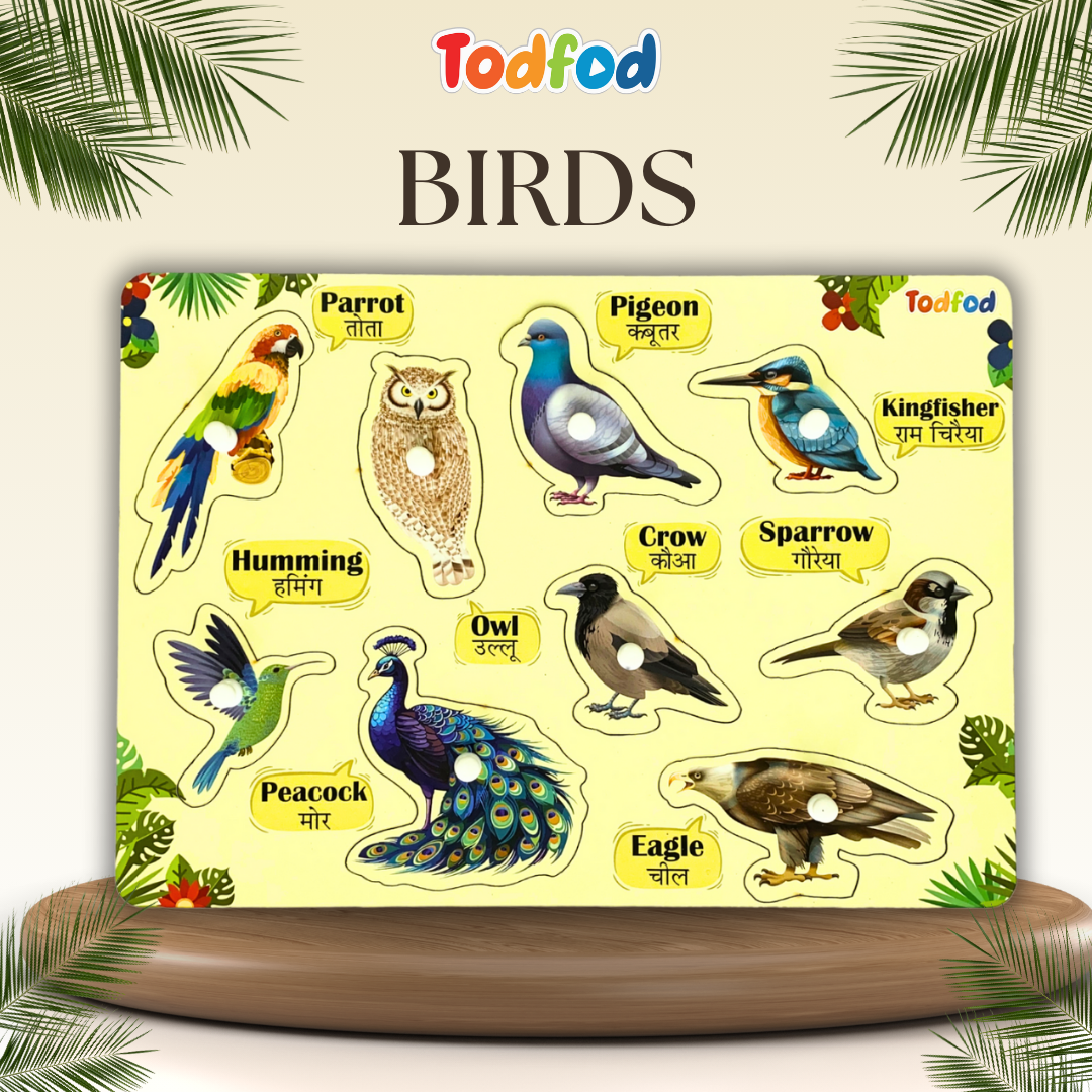 Birds and Vegetable Characters Wooden Knob & Pegged Puzzle for Kids