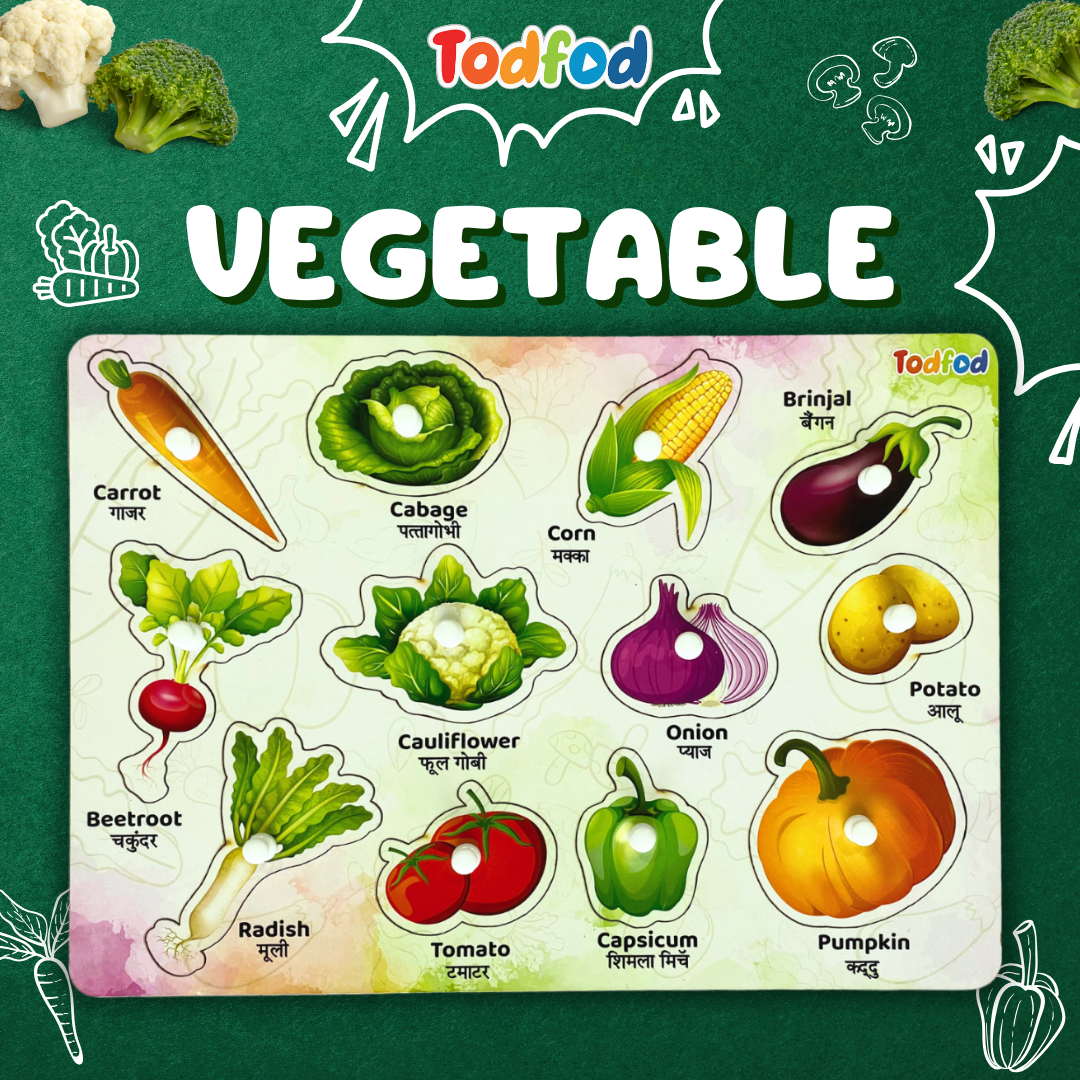 Body Parts, Vegetables, and Fruits Wooden Knob & Pegged Puzzle for Kids