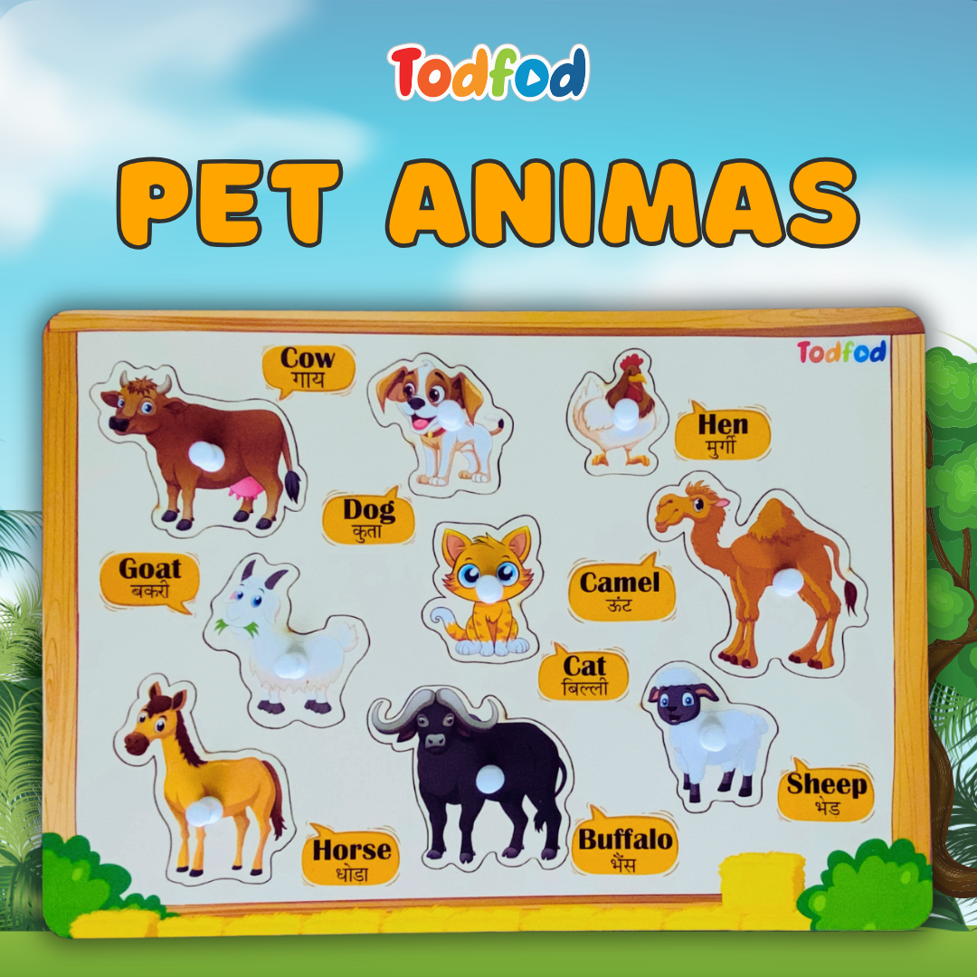Pet Animals & Fish Characters Knob & Pegged Puzzle for Kids