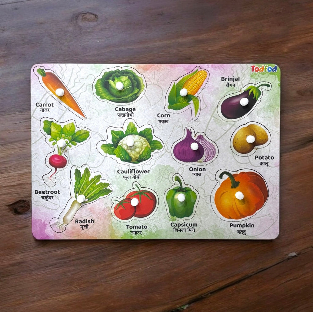 English Numbers & Vegetables Wooden Knob & Pegged Puzzle