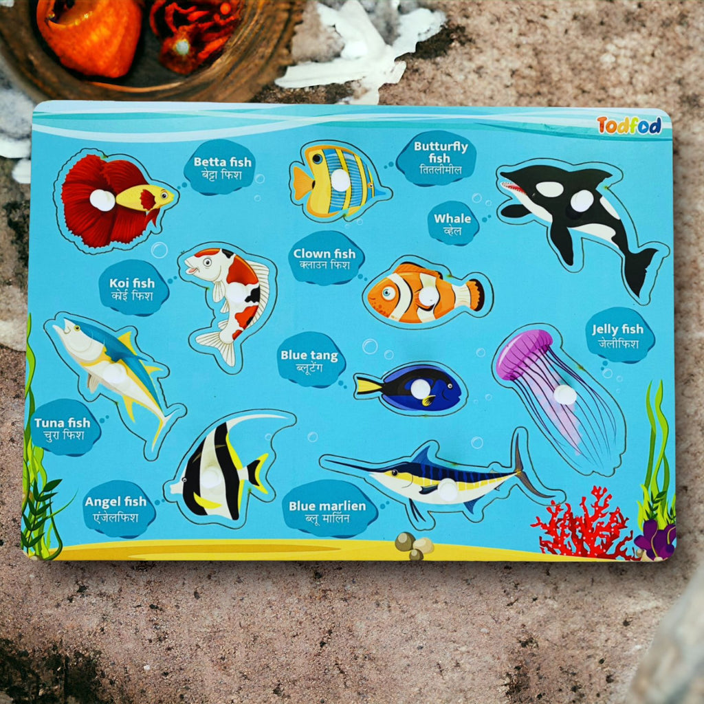 ABCD Fish Characters Wooden Knob & Pegged Puzzle for Kids