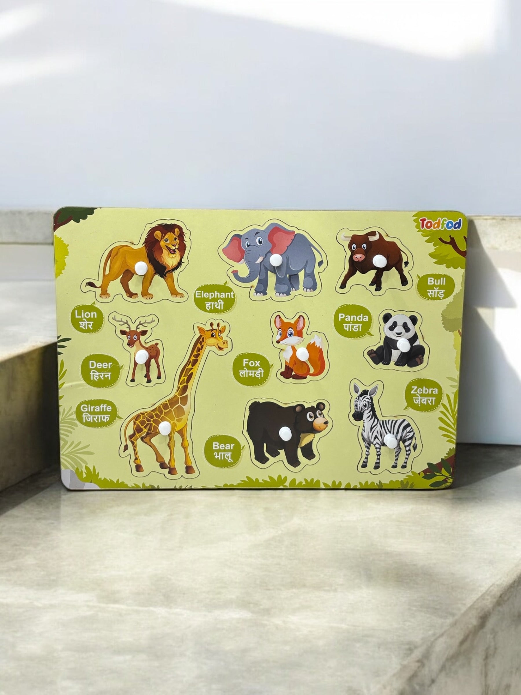 Gujarati Kakko & Wild Animal Characters Knob & Pegged Puzzle for Kids