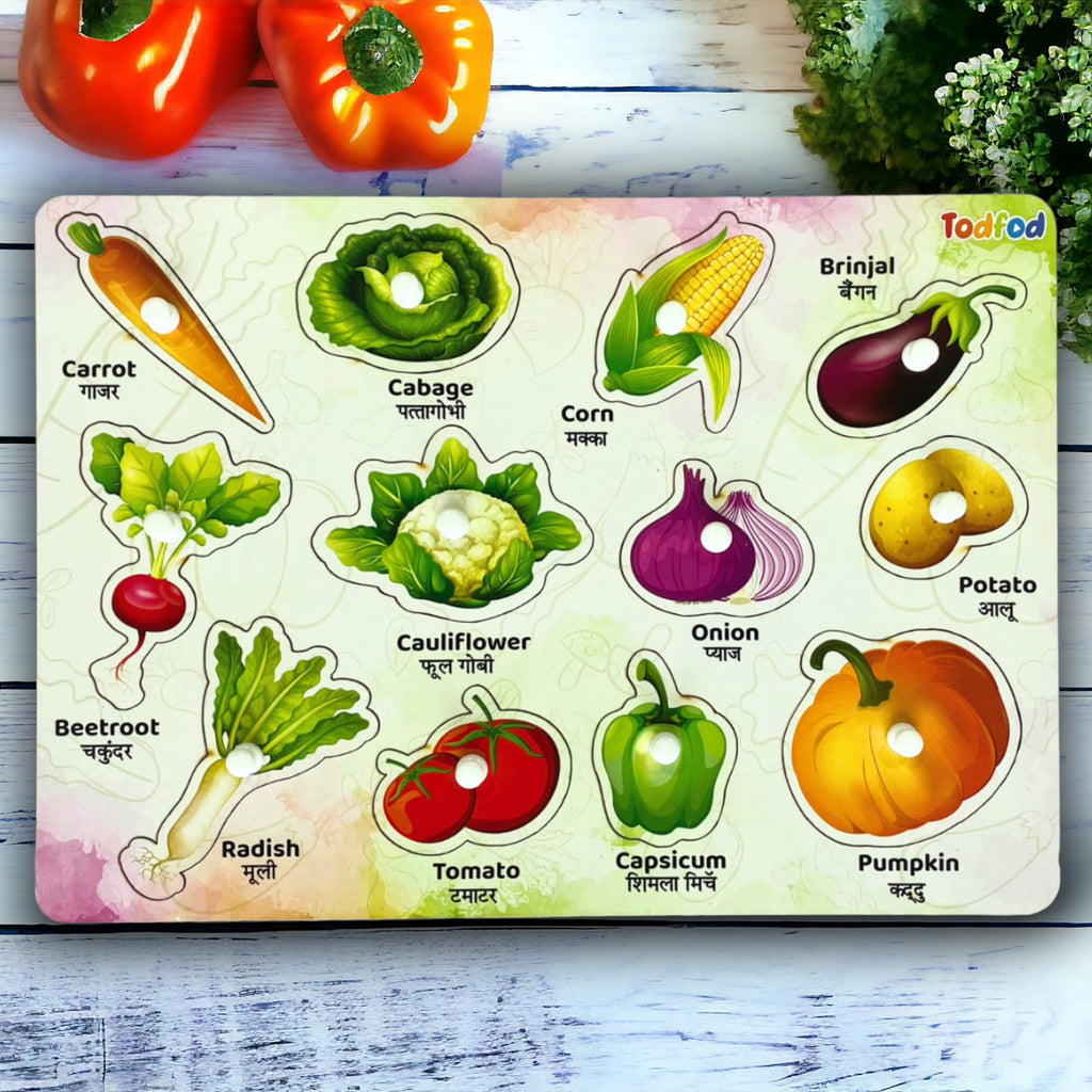 Body Parts, Vegetables, and Fruits Wooden Knob & Pegged Puzzle for Kids