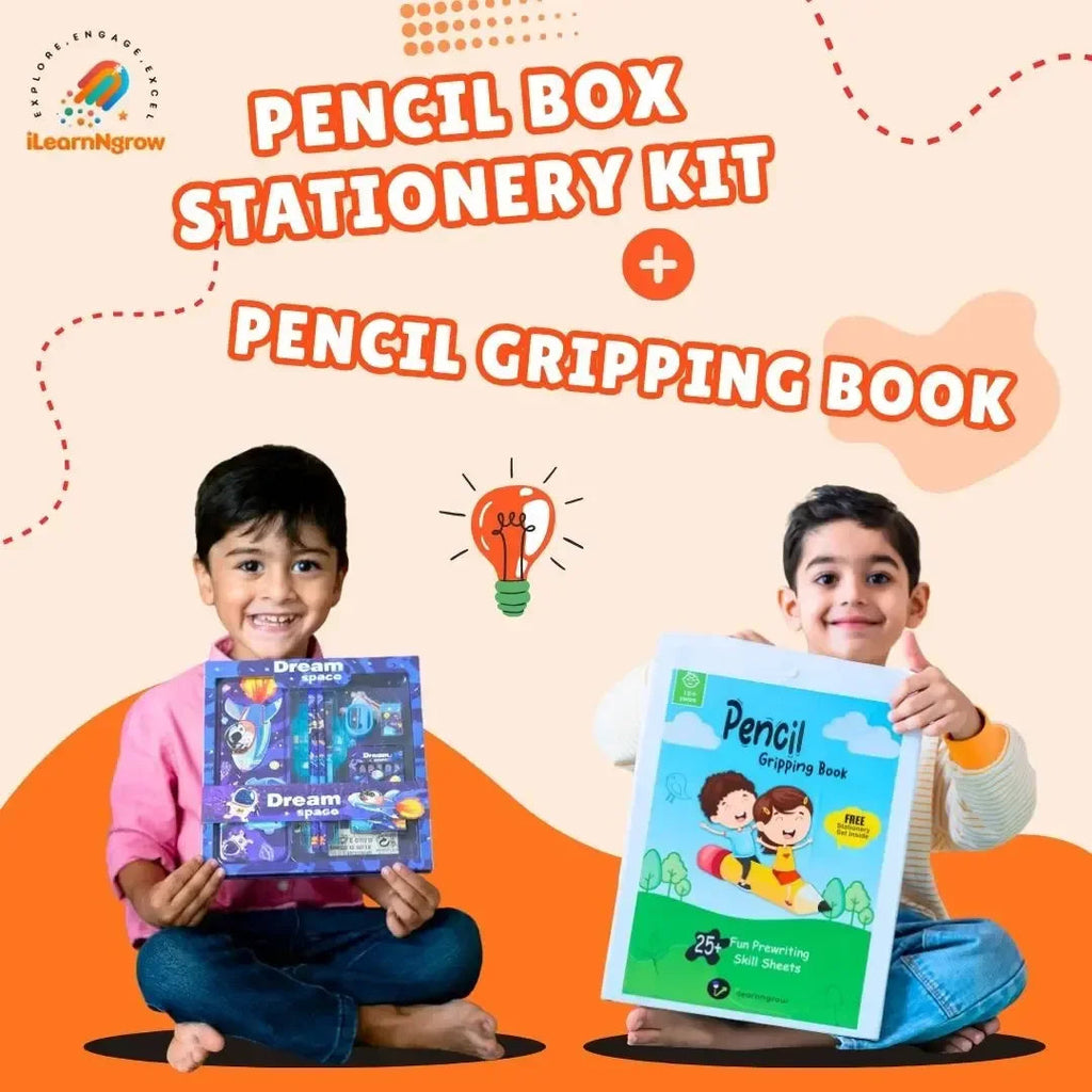 Pencil Box Stationery Kit for Kids + Pencil Gripping Book – Early Learning & Writing Skills Set
