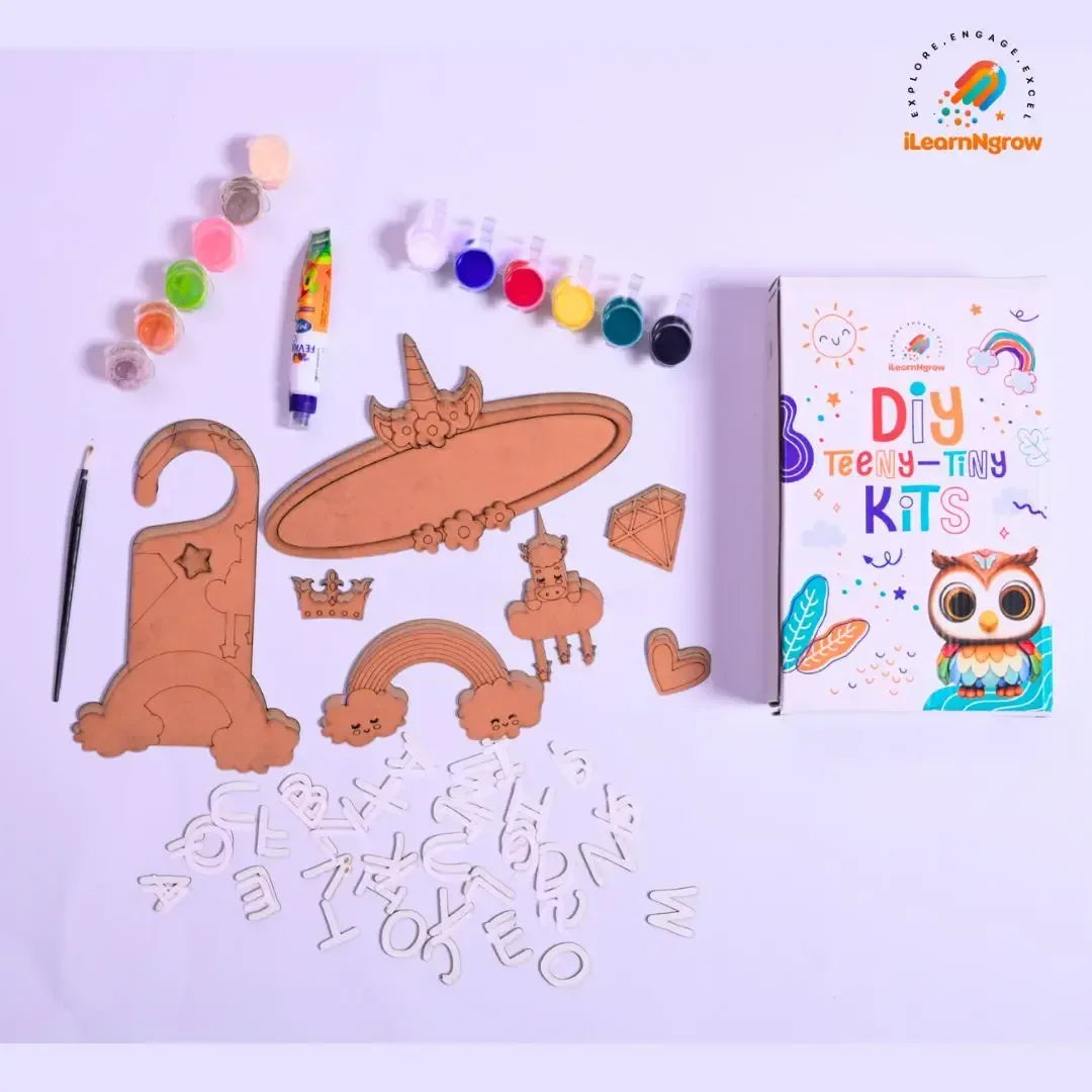 Teeny Tiny Unicorn Craft Bundle for Kids – Painting Kit & Door Handle Name Plate DIY Set